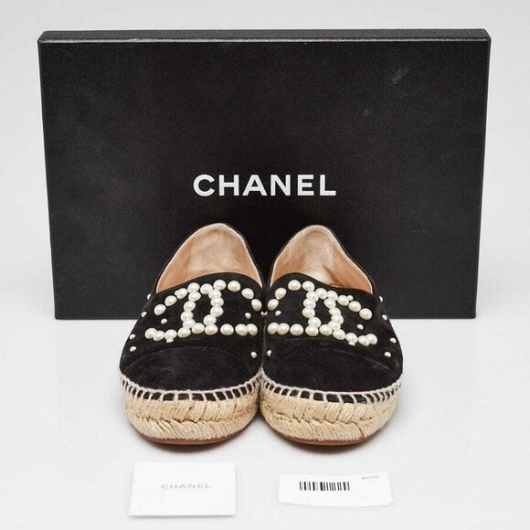 Chanel Black Suede and Faux Pearl CC Espadrille Flats Size 4.5/35 - Picture 1 of 5